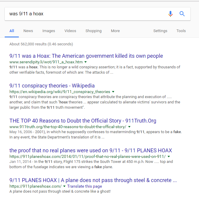 Michael A. Caulfield Google search results for “was 9/11 a hoax” in which the top five sites confirm the conspiracy that 9/11 was faked.