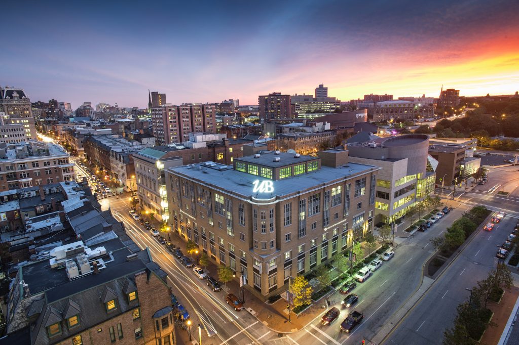 An aerial shot of the University of Baltimore Campus at night